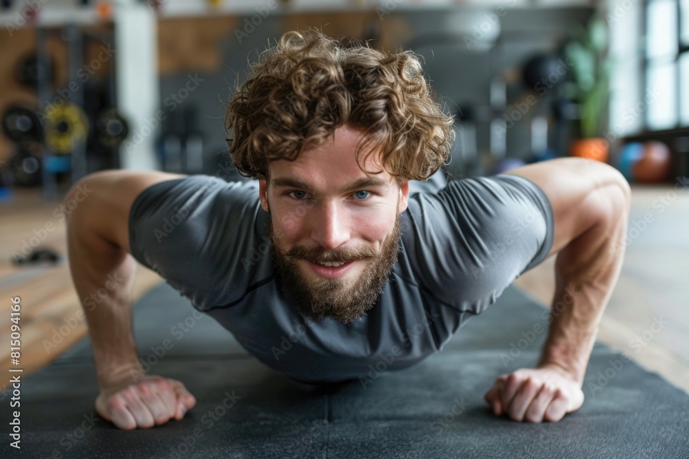 Poster A man working out on a mat in a gym. Suitable for fitness and exercise concepts