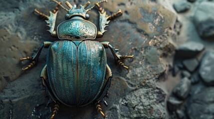 A blue beetle sitting on a rock, suitable for nature-themed designs