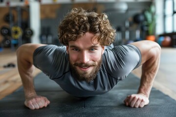 Fototapeta premium A man working out on a mat in a gym. Suitable for fitness and exercise concepts
