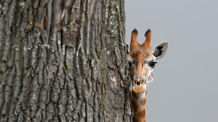 A giraffe is peeking out from behind a tree trunk