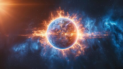 Obraz premium A planet is on fire and is surrounded by a bright orange and red background