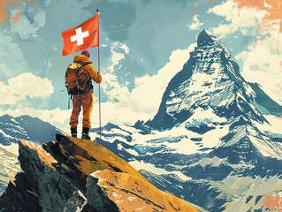 An illustration of a mountaineer in the Alps with the Swiss flag at a high summit