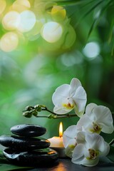 Zen Style Relaxation: Orchids, Candles, Bamboo on green blurry background