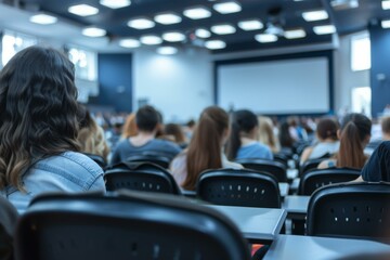  Diverse university students attentively listening in a modern lecture hall with a large screen.