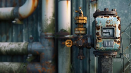 An old rusty meter on the side of a building. Suitable for industrial themes