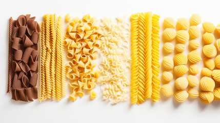 Various groups of raw colored flour wheat pasta in a row, white background isolate. AI generated.