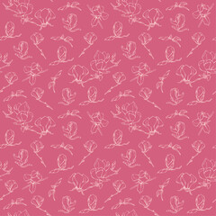 Seamless background with patterns of different magnolia flowers. Magnolia flowers, hand drawing. Floral botany collection. Floral endless background