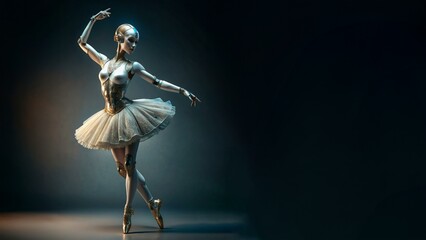 Futuristic robot ballet dancer in tutu, poised elegantly with dramatic lighting.