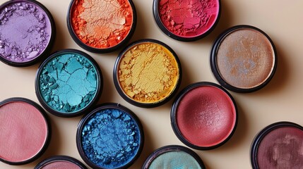 Naklejka premium Colorful and weathered makeup palettes arranged on a neutral beige background