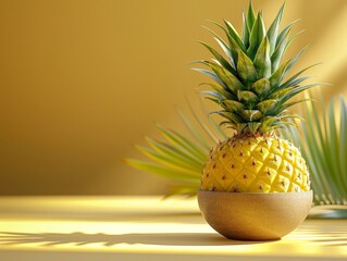 Pineapple in a Bowl on Yellow Background