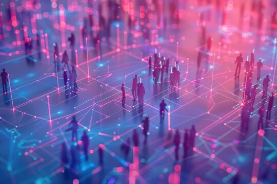 A group of people standing on top of a network. Suitable for technology concepts