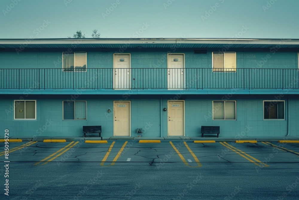 Poster a blue building with two benches in front of it. suitable for architectural designs