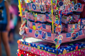 Fototapeta premium American flag stickers displayed vibrantly on a child's Memorial Day parade float collection.