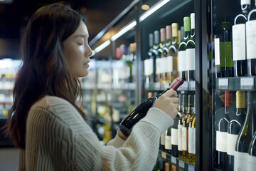 Young Asian woman choosing a wine bottle from the shelf in supermarket