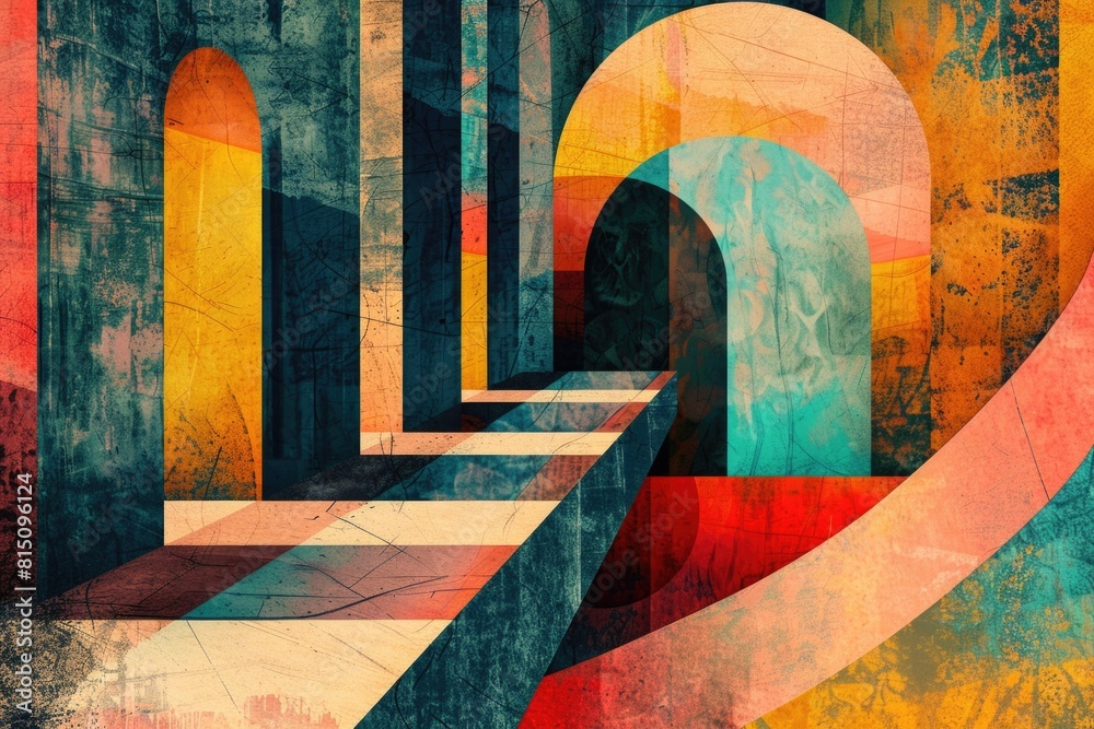 Poster A painting of a building with multiple arches. Suitable for architectural and historical concepts