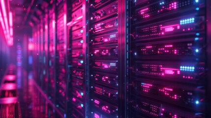 Naklejka premium Abstract technology background of a server room full of rack-mounted servers with pink and blue neon lights.
