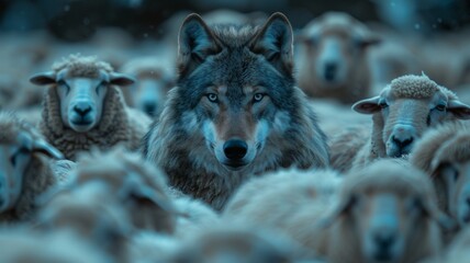 A wolf hid among a flock of sheep. In the picture there are sheep and one wolf, all monochromatic, there are shades of blue. The concept of danger, anxiety, deception, cunning and pretense.