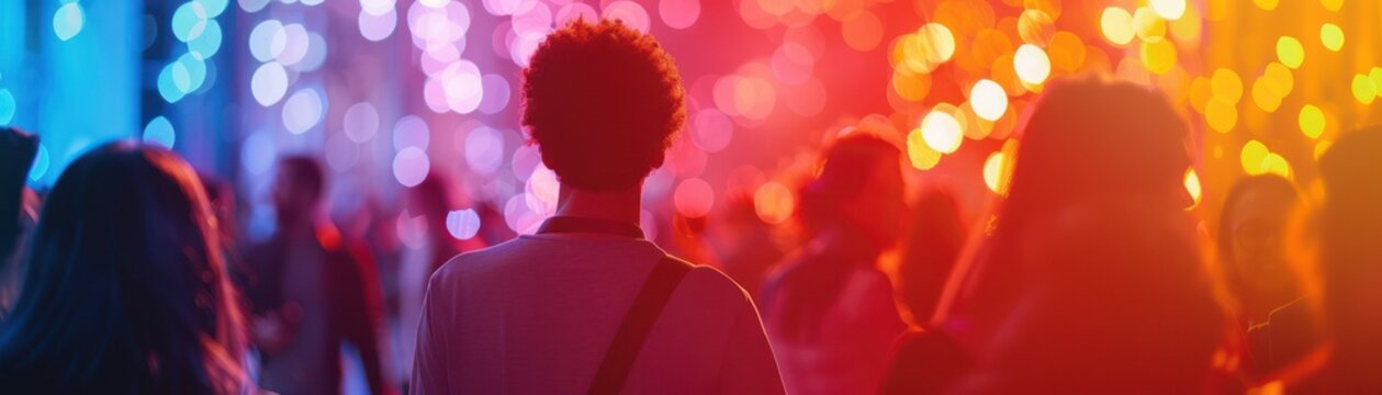 Blurred photo of a crowd of people dancing at a party with multi-colored lights.