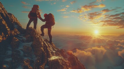 Help and assistance concept. Two men climb a mountain while helping each other. Reaching the top. Clouds stretch below them.
