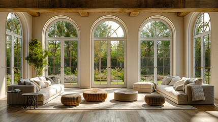 A large living room with arched windows and wood floors.