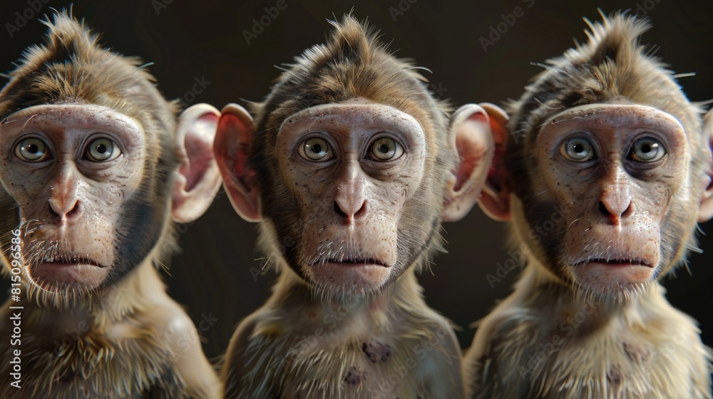 Poster Three monkeys standing side by side. Suitable for animal behavior concepts