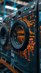 Fototapeta premium Futuristic washing machines with glowing orange details in a row