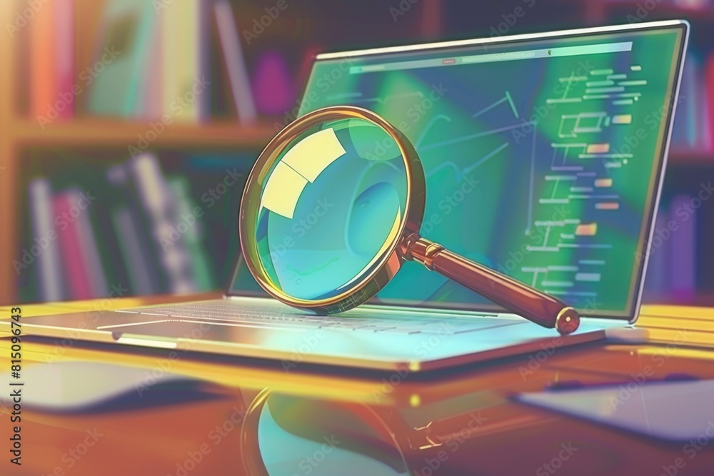Poster a laptop with a magnifying glass on top. ideal for technology and research concepts