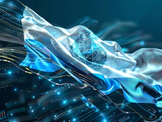 Futuristic 3D flag of Argentina, blending tango art with digital and hightech elements