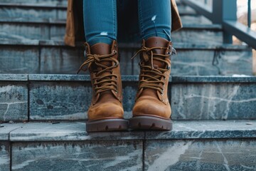 A pair of brown boots sitting on a set of steps. Perfect for outdoor or lifestyle themes