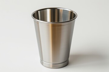 A detailed image of a stainless steel cup with a matte finish, positioned on a white backdrop with plenty of space for adding advertising content