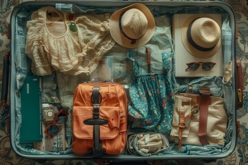 Cruise Essentials Await Packed Suitcase with Evening Wear Beach Attire and Personalized Itinerary