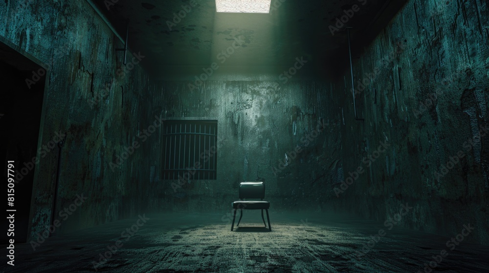 Poster a chair sitting in a dark room with a barred window. suitable for interior design concepts