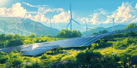 A dynamic image of solar energy panels and spinning wind turbines, with a blank banner space across the top for advertising