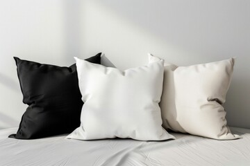 Three pillows sitting on top of a white bed. Perfect for bedroom decor inspiration