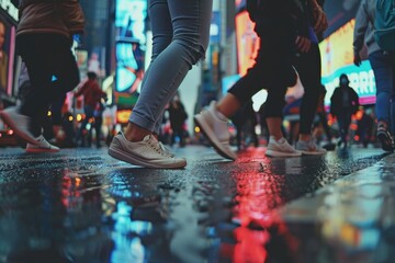 Group of people walking across a wet street, suitable for urban lifestyle concepts