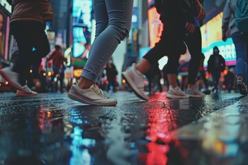 Group of people walking across a wet street, suitable for urban lifestyle concepts