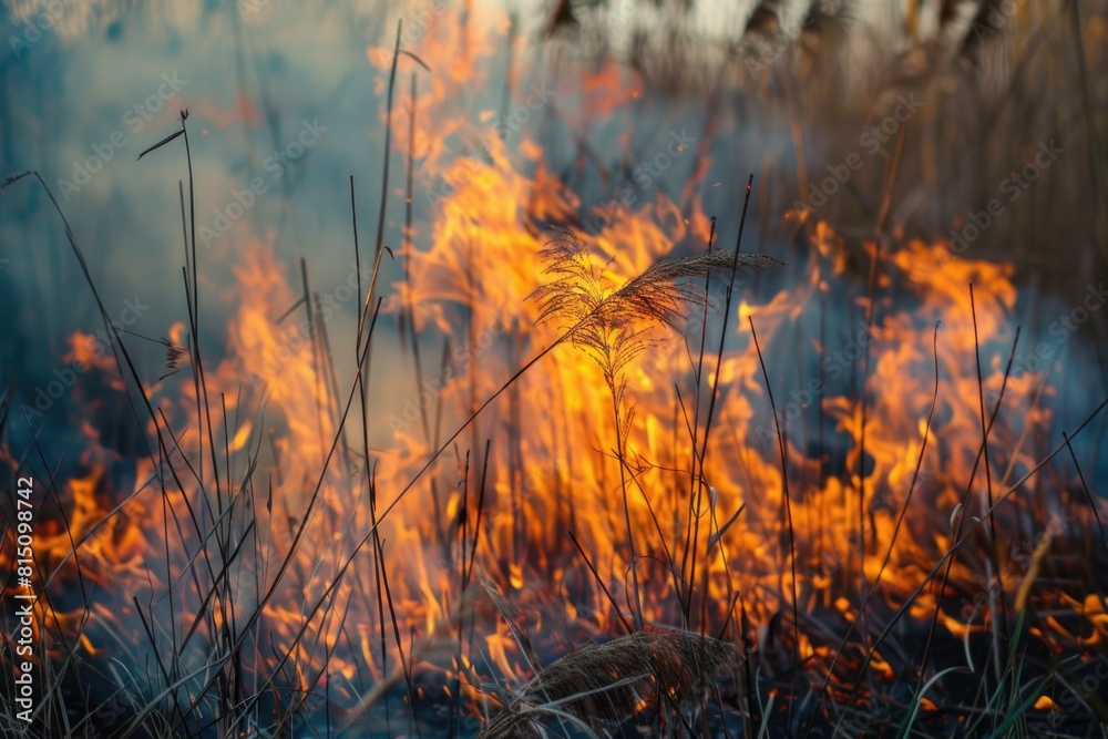 Poster a fire burning in an open field. suitable for environmental or disaster concepts