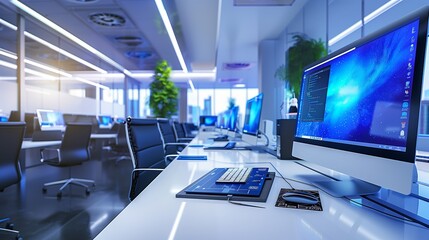 Sharp Image of a Platinum Modern Office Equipped with High-End Computers for Software Development