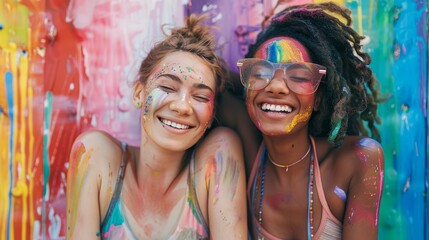 Fototapeta premium Joyful lesbian couple with rainbow colors painting their story of love