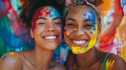 Obraz premium Joyful lesbian couple with rainbow colors painting their story of love