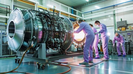 Sleek Aerospace Lab, Engineers in Light Purple Suits Testing a Rocket Engine