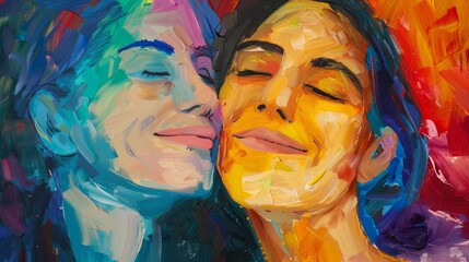 Obraz premium Joyful lesbian couple with rainbow colors painting their story of love