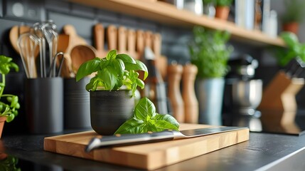 Minimalist Kitchen Counter Setup with Fresh Basil for Culinary Delights
