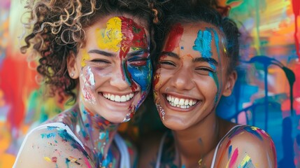 Joyful lesbian couple with rainbow colors painting their story of love