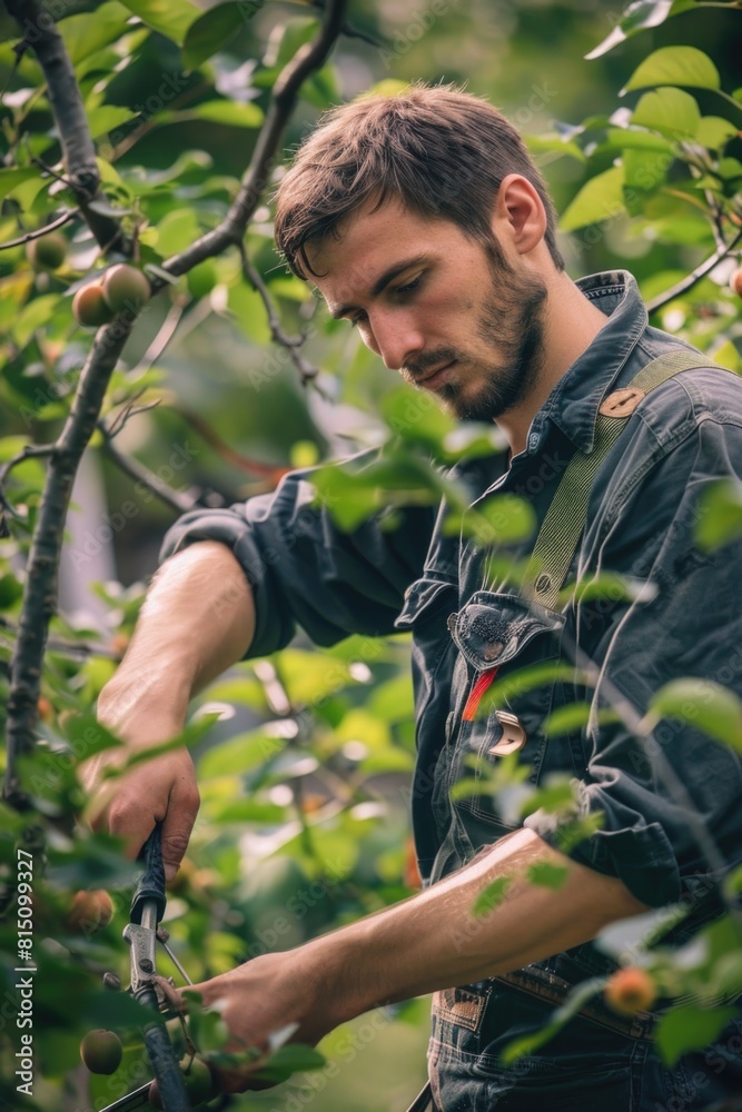 Poster A man using scissors to cut a tree branch. Suitable for environmental concepts