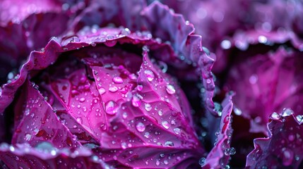Close up of Red Cabbage with droplets of water on a farm field