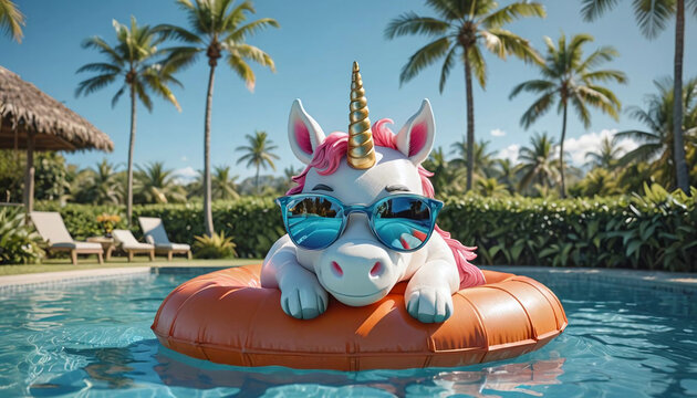 Licorne allong&eacute;e sur une bou&eacute;e dans la piscine