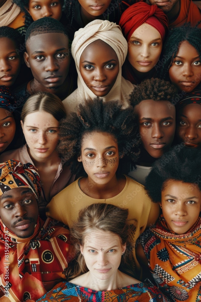Poster Group of people with heads painted in different colors, perfect for diversity concepts and multicultural themes