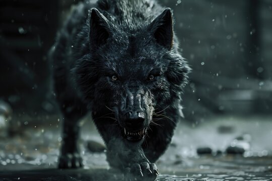 A black wolf walking through a puddle of water. Suitable for wildlife and nature concepts