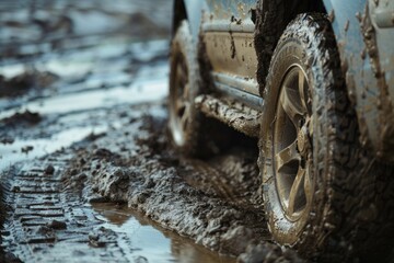Naklejka premium A dirty car parked in mud. Suitable for automotive industry